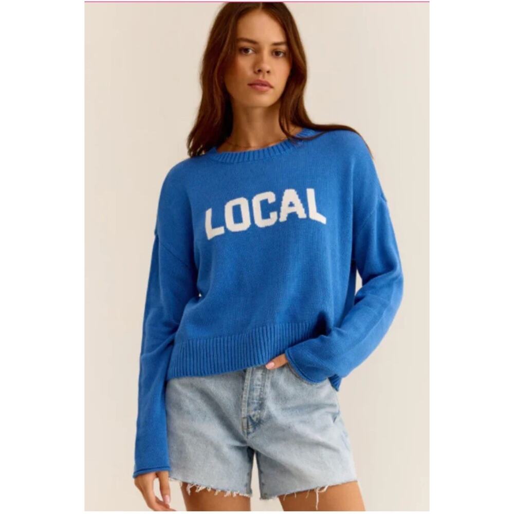 Z Supply Womens Sweater Local Blue Oversized Cropped 100% Cotton Preppy Knit XL